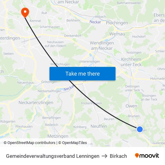 Gemeindeverwaltungsverband Lenningen to Birkach map