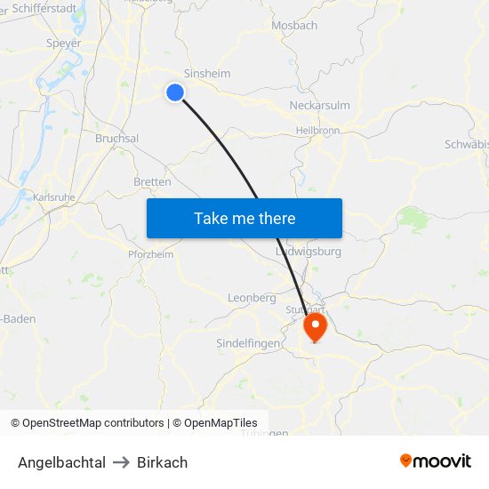 Angelbachtal to Birkach map