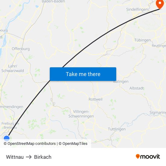 Wittnau to Birkach map