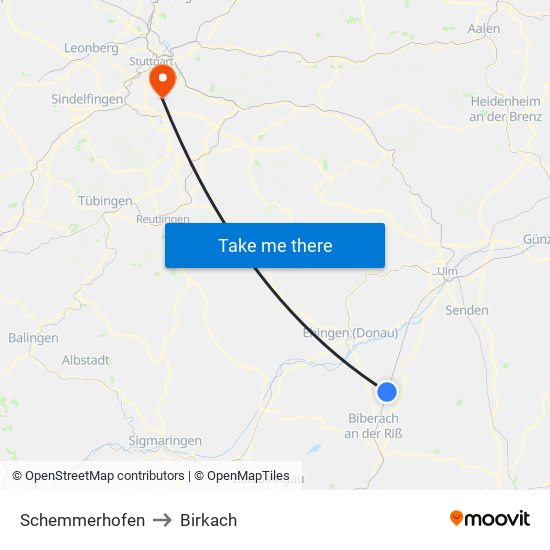 Schemmerhofen to Birkach map