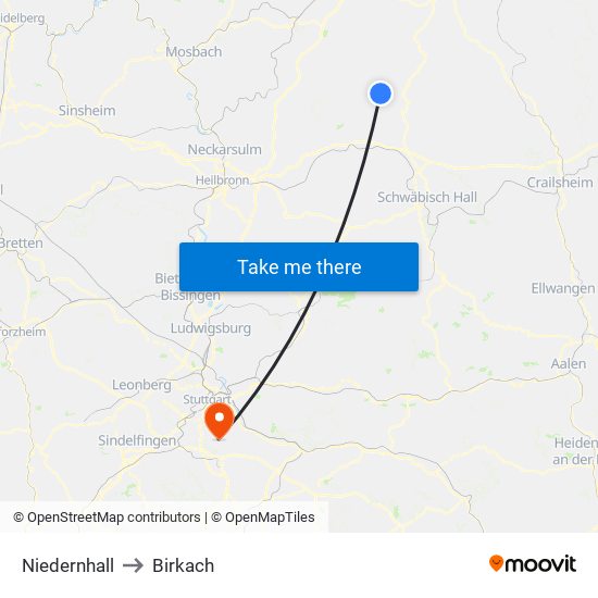 Niedernhall to Birkach map