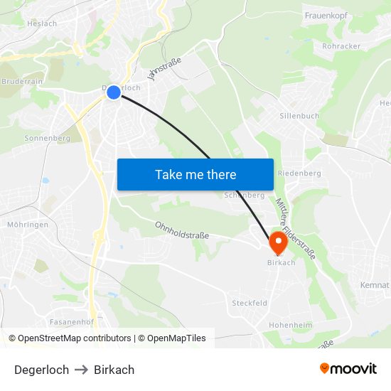 Degerloch to Birkach map