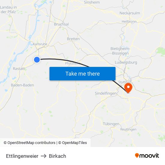 Ettlingenweier to Birkach map