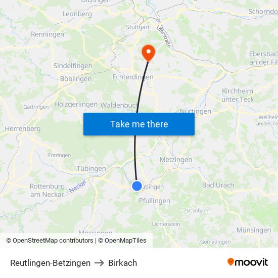Reutlingen-Betzingen to Birkach map
