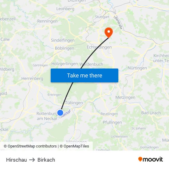 Hirschau to Birkach map