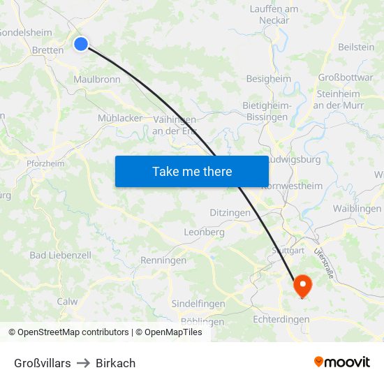 Großvillars to Birkach map