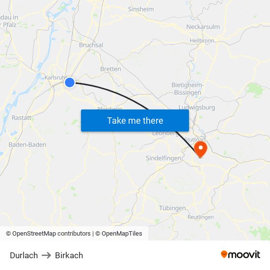 Durlach to Birkach map