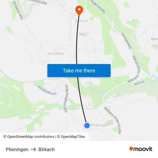 Plieningen to Birkach map