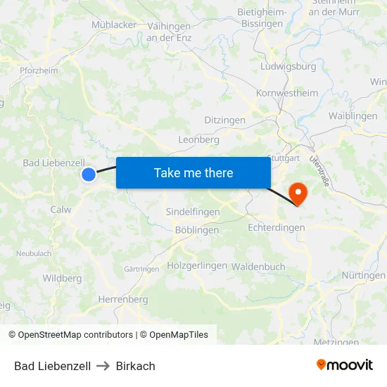 Bad Liebenzell to Birkach map