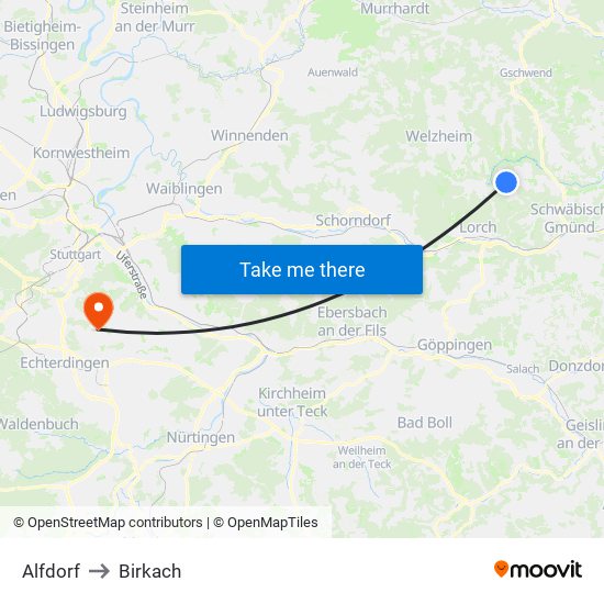 Alfdorf to Birkach map