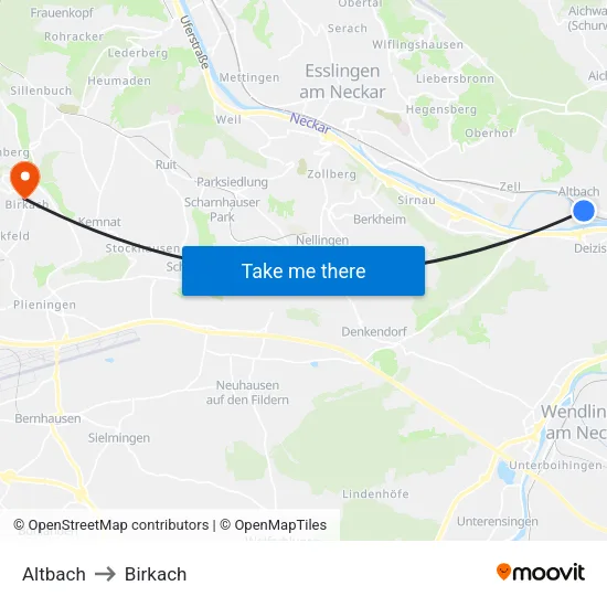 Altbach to Birkach map