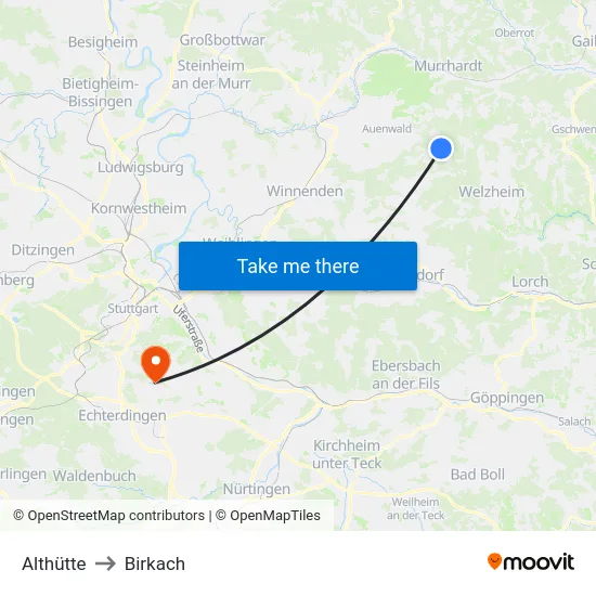 Althütte to Birkach map