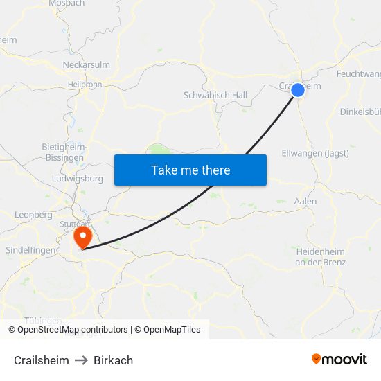 Crailsheim to Birkach map