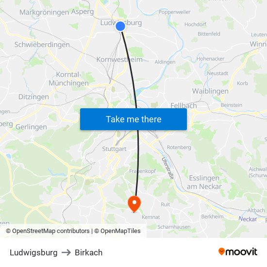 Ludwigsburg to Birkach map