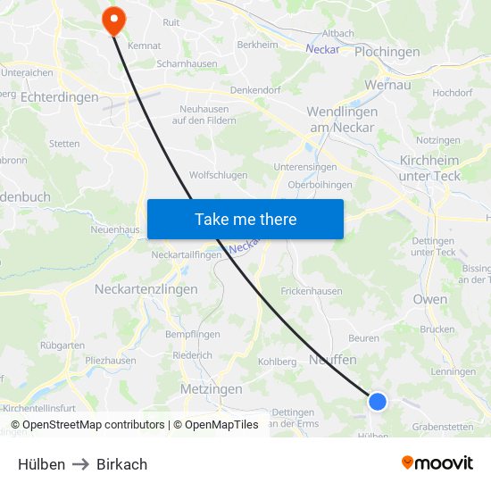 Hülben to Birkach map