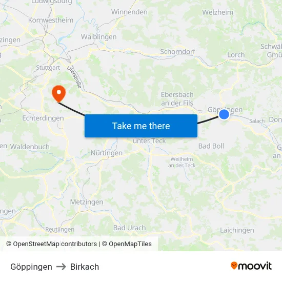 Göppingen to Birkach map