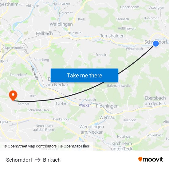 Schorndorf to Birkach map