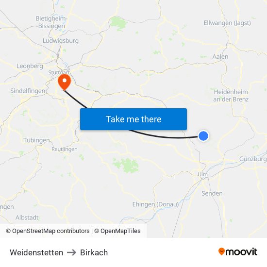 Weidenstetten to Birkach map