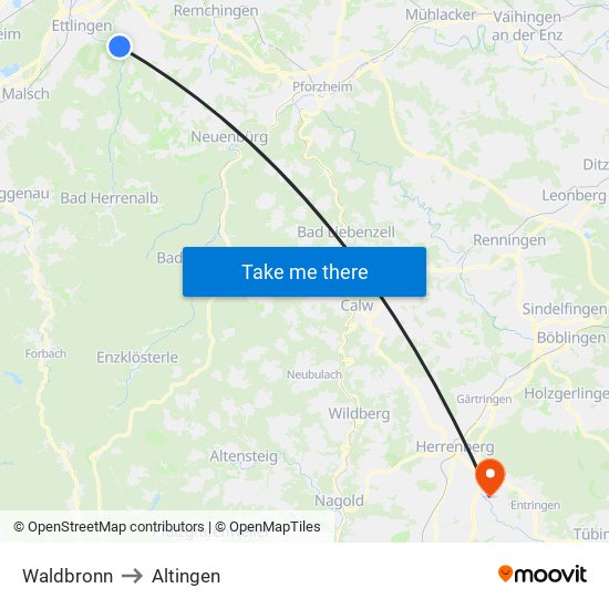 Waldbronn to Altingen map