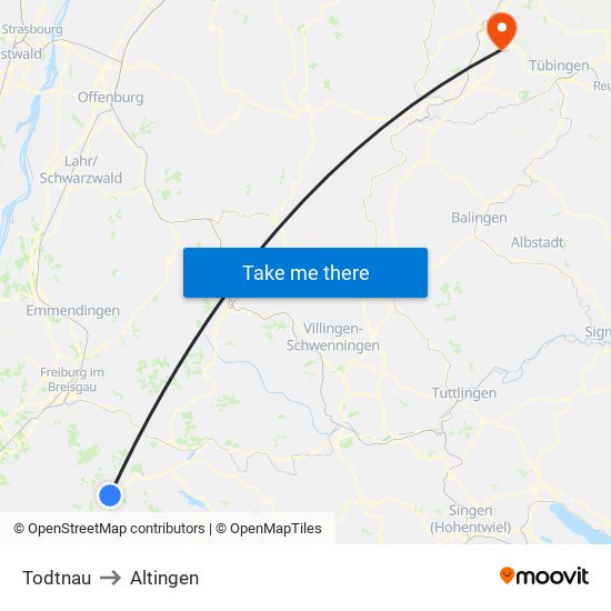 Todtnau to Altingen map