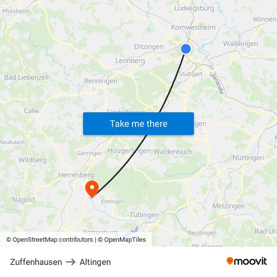 Zuffenhausen to Altingen map