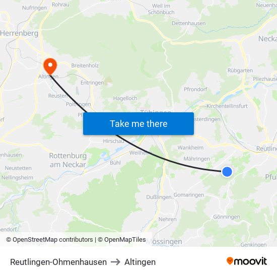 Reutlingen-Ohmenhausen to Altingen map