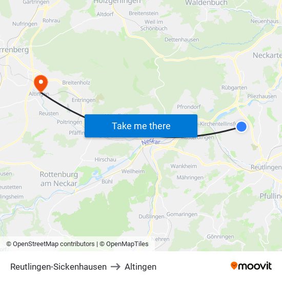 Reutlingen-Sickenhausen to Altingen map