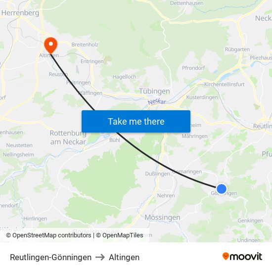 Reutlingen-Gönningen to Altingen map