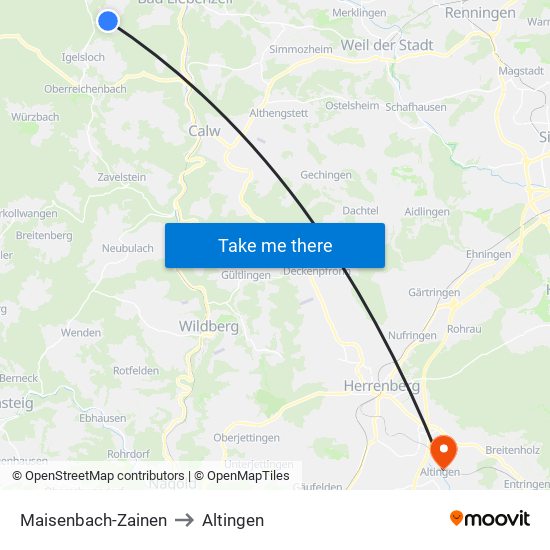 Maisenbach-Zainen to Altingen map