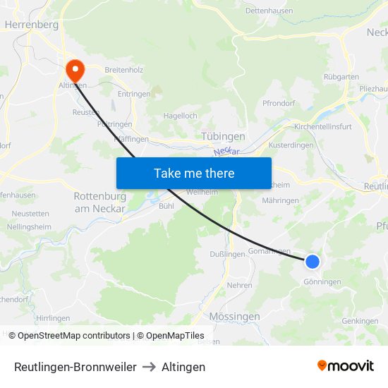 Reutlingen-Bronnweiler to Altingen map