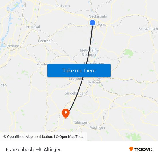 Frankenbach to Altingen map