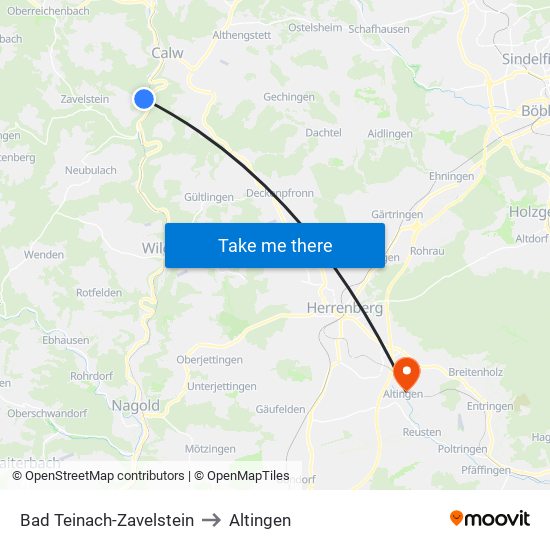 Bad Teinach-Zavelstein to Altingen map