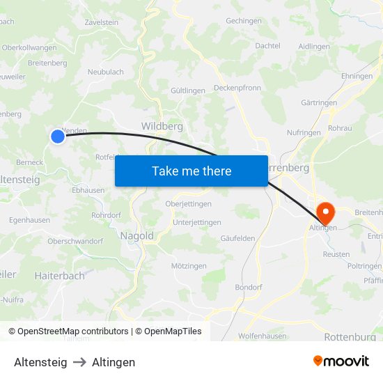 Altensteig to Altingen map
