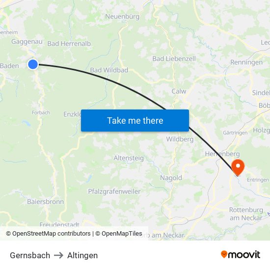 Gernsbach to Altingen map