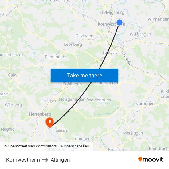 Kornwestheim to Altingen map