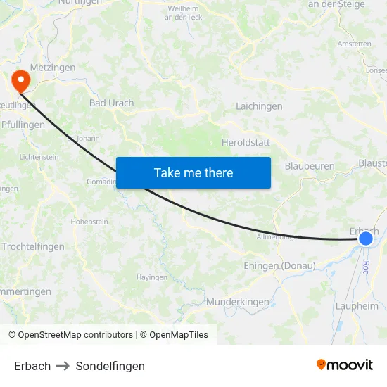 Erbach to Sondelfingen map