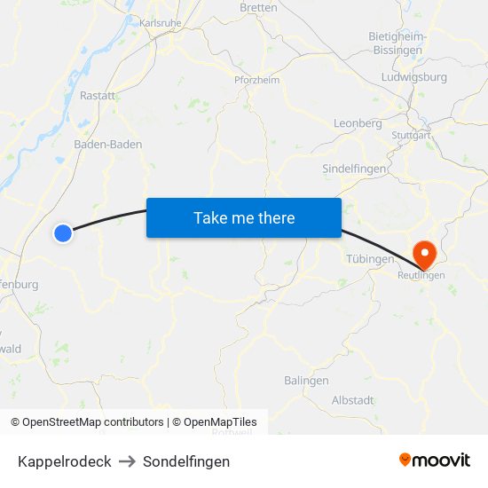 Kappelrodeck to Sondelfingen map