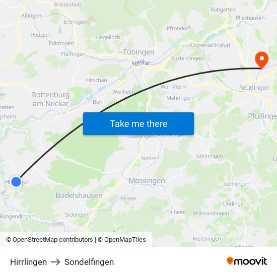 Hirrlingen to Sondelfingen map