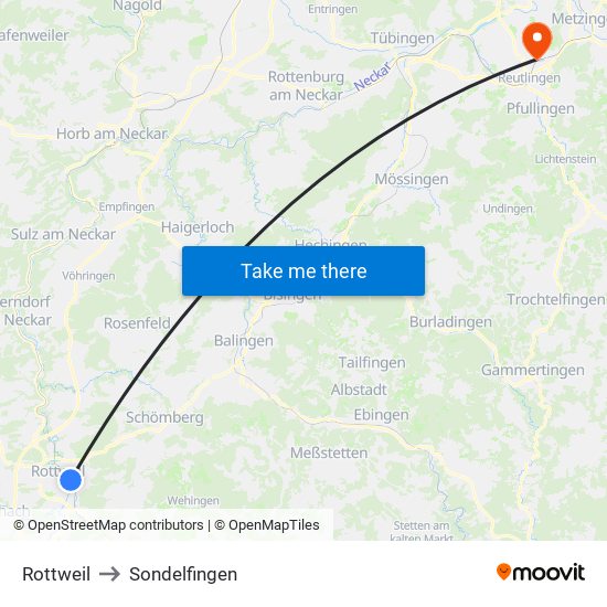 Rottweil to Sondelfingen map