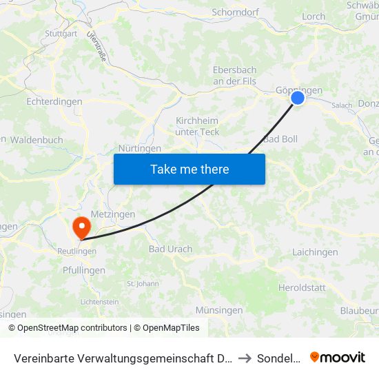 Vereinbarte Verwaltungsgemeinschaft Der Stadt Göppingen to Sondelfingen map