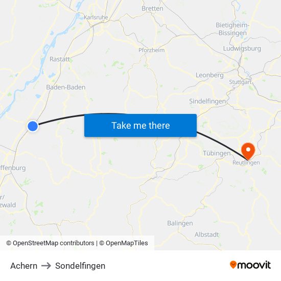 Achern to Sondelfingen map