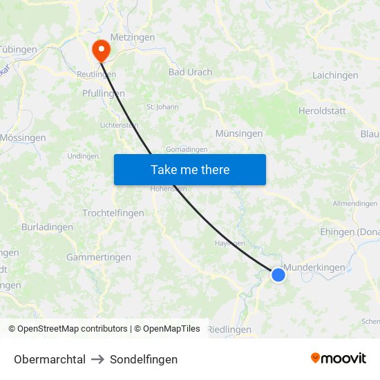 Obermarchtal to Sondelfingen map