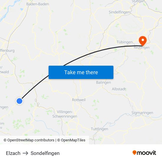 Elzach to Sondelfingen map