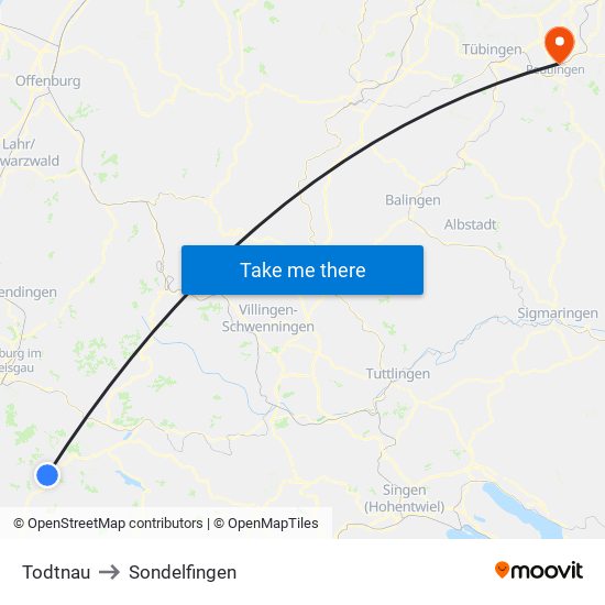 Todtnau to Sondelfingen map