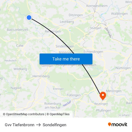 Gvv Tiefenbronn to Sondelfingen map