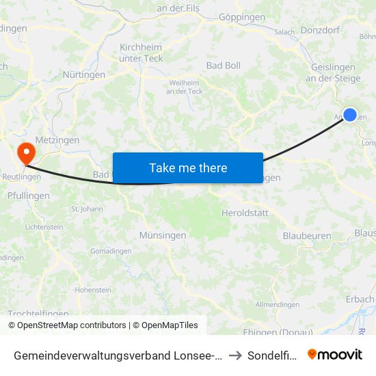 Gemeindeverwaltungsverband Lonsee-Amstetten to Sondelfingen map