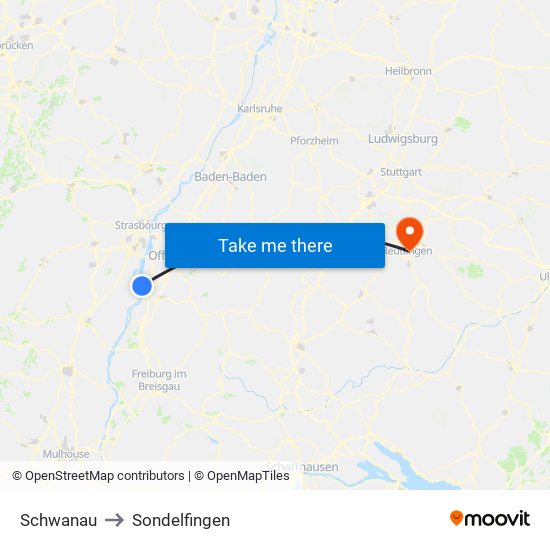 Schwanau to Sondelfingen map