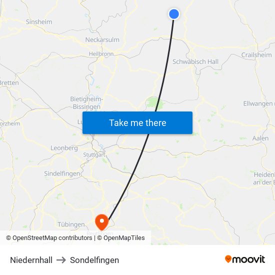 Niedernhall to Sondelfingen map