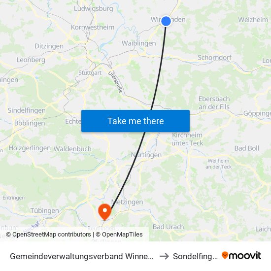 Gemeindeverwaltungsverband Winnenden to Sondelfingen map