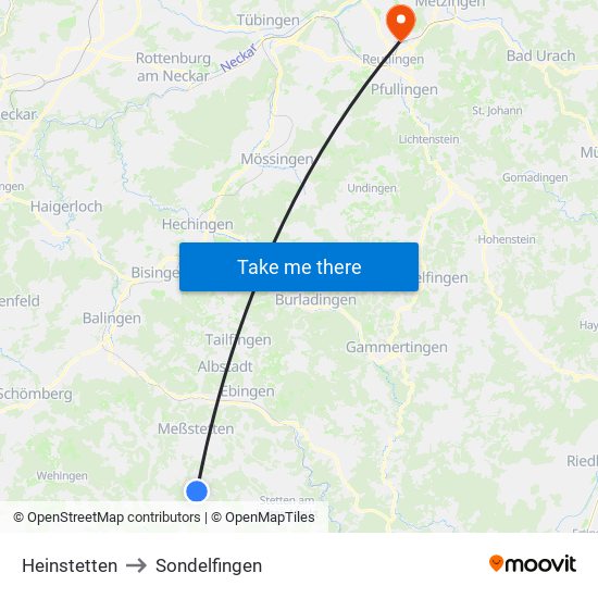 Heinstetten to Sondelfingen map